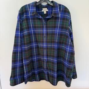 L.L.Bean Womens 2X Relaxed Fit Flannel Shirt Blue Green Plaid Button Front Plus